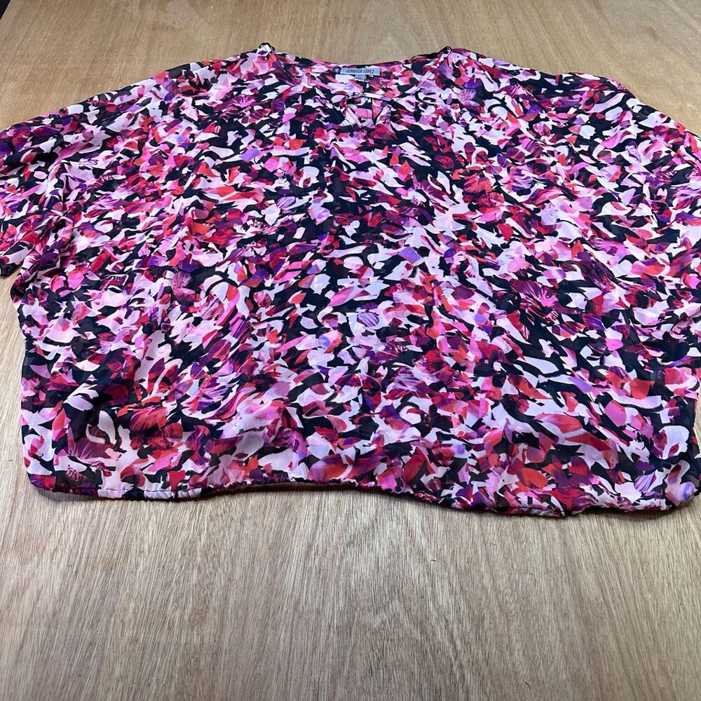 Jennifer Lopez Blouse Women’s 2X Floral Sheer V Neck Peasant Top Elastic Hem